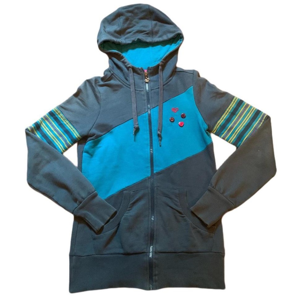 Cute Y2k Teal Blue Unique Zip Up Hoodie With Adorable Heart Details - XS